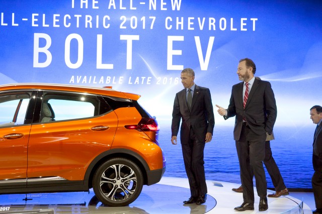 President Barack Obama looks at 2017 Chevrolet Bolt EV electric car at Detroit Auto Show, Jan 2016 President Barack Obama looks at 2017 Chevrolet Bolt EV electric car at Detroit Auto Show, Jan 2016