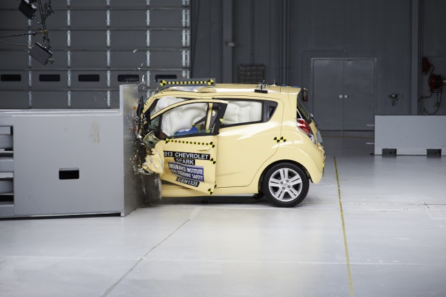 2013 Chevrolet Spark IIHS small-overlap frontal crash test. 2013 Chevrolet Spark IIHS small-overlap frontal crash test.