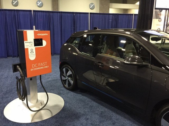 BMW i3 electric car and ChargePoint DC fast-charging station at Washington, DC, Auto Show, Jan 2015 BMW i3 electric car and ChargePoint DC fast-charging station at Washington, DC, Auto Show, Jan 2015