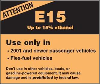 Proposed EPA E15 gasoline pump warning label for ethanol content