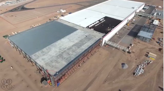 Tesla gigafactory, March 2016, shown in drone footage posted to YouTube by Above Reno Tesla gigafactory, March 2016, shown in drone footage posted to YouTube by Above Reno