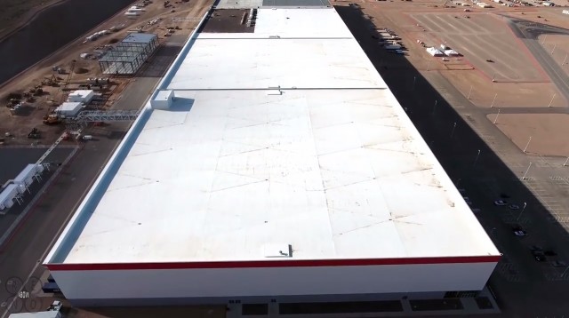 Tesla gigafactory, March 2016, shown in drone footage posted to YouTube by Above Reno Tesla gigafactory, March 2016, shown in drone footage posted to YouTube by Above Reno