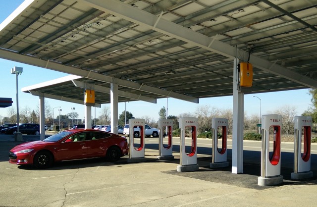 Tesla Supercharger site with photovoltaic solar panels, Rocklin, California, Feb 2015