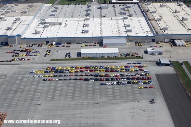 2014 Chevy Corvette Stingrays lined up outside of Bowling Green plant. Image via Corvette Museum. 2014 Chevy Corvette Stingrays lined up outside of Bowling Green plant. Image via Corvette Museum.