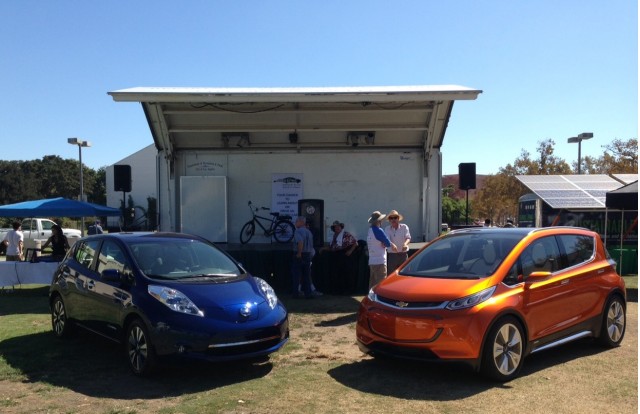 2016 Nissan Leaf, Chevy Bolt EV at Drive Electric Week event, Los Angeles [photo: Zan Dubin Scott]