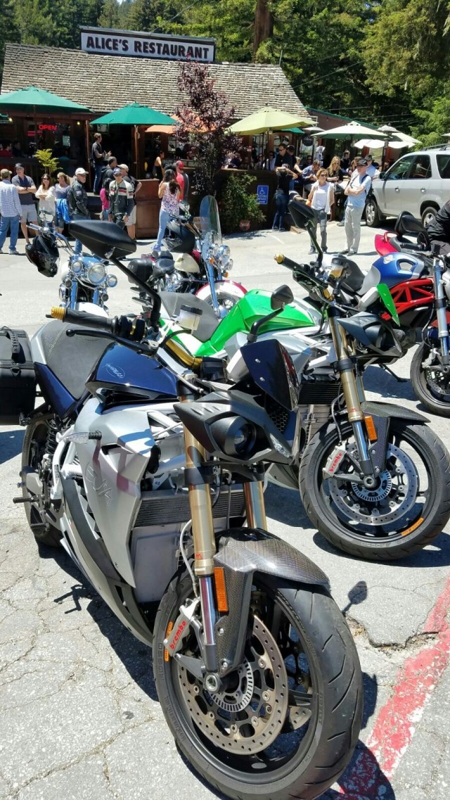 Energica Eva at biking mecca Alice's Restaurant on California 1 tour from LA to San Francisco