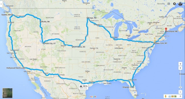 Map of electric motorcycle rider Ben Rich's Summer 2016 'four corners of the U.S.' road trip