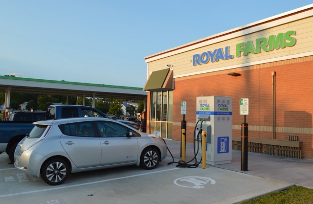 2015 Nissan Leaf fast-charging at Royal Farms, North East, Maryland [photo John Briggs]