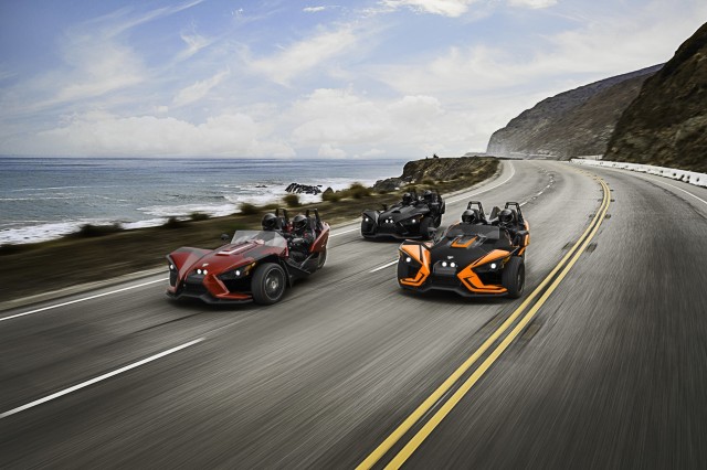 2017 Polaris Slingshot lineup running down the coast