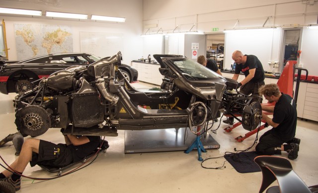 Wrecked Koenigsegg One:1 being analyzed at factory in Ängelholm, Sweden