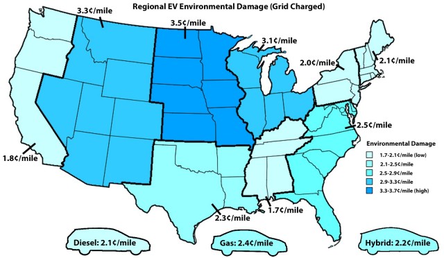 Cost of environmental damage from criteria emissions from electric-car use by region [John Briggs]