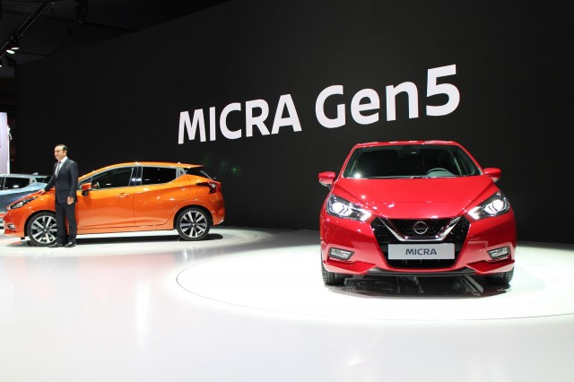 Nissan CEO Carlos Ghosn presents fifth-generation Nissan Micra at launch, 2016 Paris Motor Show
