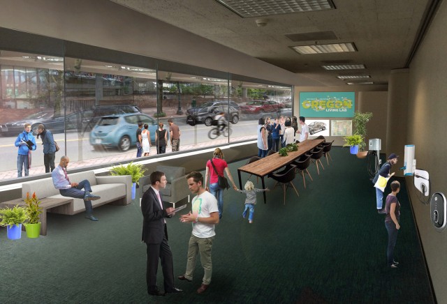 Rendering of future Drive Oregon storefront in downtown Portland for education about electric cars