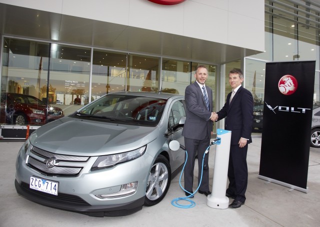 2013 Holden Volt with Better Place Charge Spot and executives from both companies