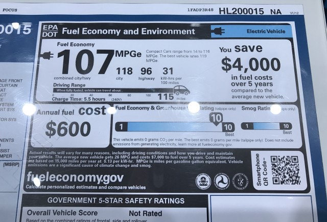 2017 Ford Focus Electric window sticker showing 115-mile range rating 2017 Ford Focus Electric window sticker showing 115-mile range rating