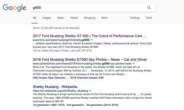 '2017 Ford Mustang Shelby GT500' shows up in Google search '2017 Ford Mustang Shelby GT500' shows up in Google search