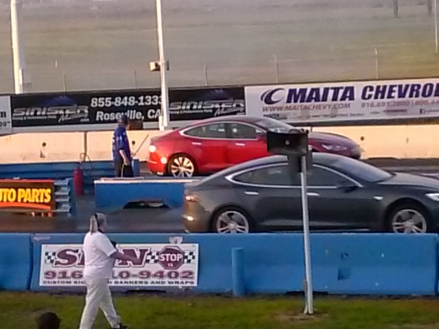 2015 Tesla Model S P85D in Ludicrous mode jumped at start of drag race [photo: George Parrott]