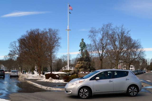 2015 Nissan Leaf at Lexington Minuteman statue, Boston [photo: John Briggs]