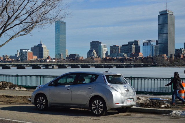 2015 Nissan Leaf in front of Prudential and Hancock Towers, Boston [photo: John Briggs]