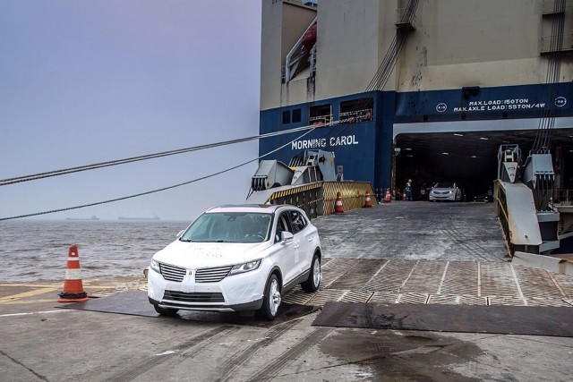 2015 Lincoln MKC driven off a container ship at a port in China