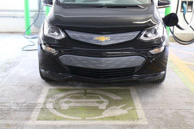 2017 Chevrolet Bolt EV electric car at EVgo fast-charging station, Newport Centre, Jersey City, NJ