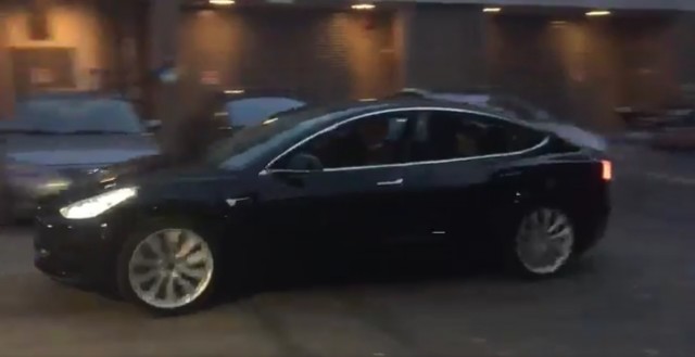 First release candidate Tesla Model 3 electric car, from video tweeted by Elon Musk, March 2017
