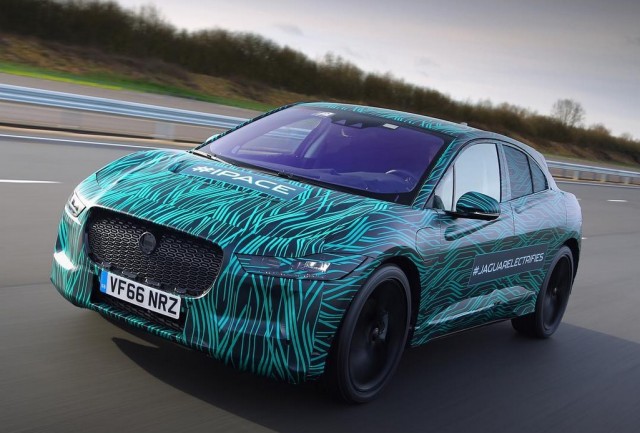 Teaser photo of Jaguar I-Pace electric car in camouflage undergoing road testing, March 2017