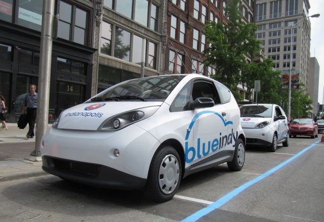 BlueIndy electric-car sharing station and European Bollore BlueCar, Indianapolis, Indiana, May 2014