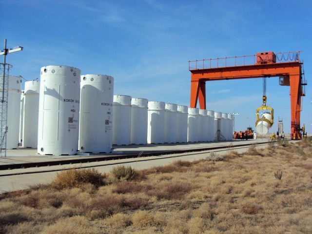 Containers holding spent nucleat fuel [Nuclear Regulatory Commission photo]