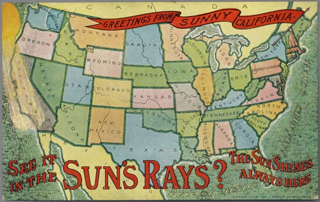 Greetings from Sunny California (1912 postcard, public domain)