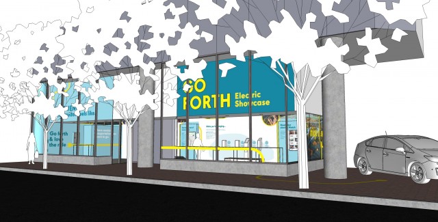 Rendering of future electric-car showcase in Portland, Oregon, operated by Forth (nee Drive Oregon)