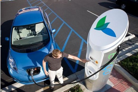2011 Nissan Leaf plugged into an EVgo quick-charging station, Texas