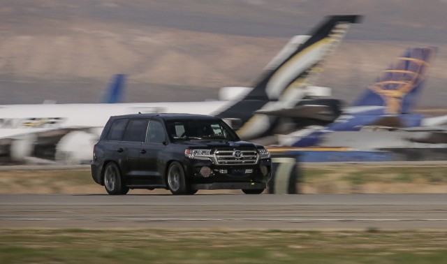 Carl Edwards drives the Toyota Land Speed Cruiser to 230.02 mph in Mojave, California