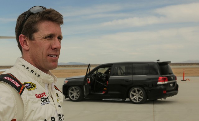 Carl Edwards drives the Toyota Land Speed Cruiser to 230.02 mph in Mojave, California