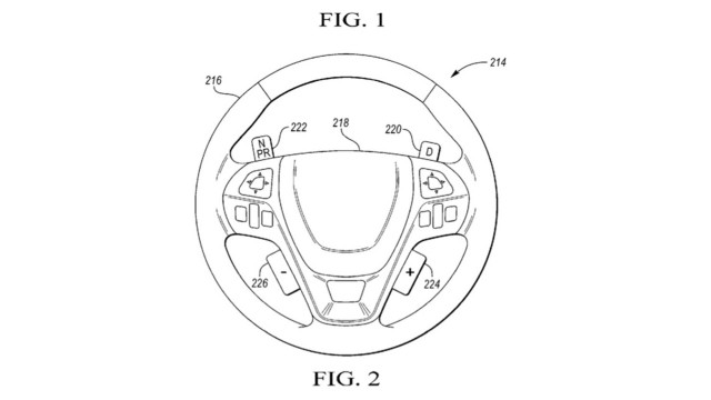 Ford patent drawings for steering wheel with gear change buttons