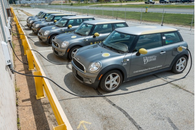 MINI E electric cars used in vehicle-to-grid test. Photo by University of Delaware/Evan Krape