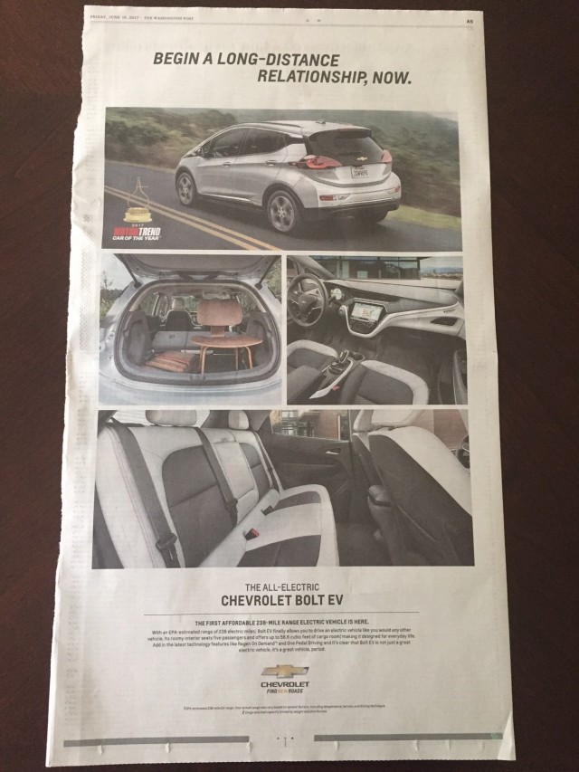 2017 Chevrolet Bolt EV newspaper ad, The Washington Post, June 16, 2017