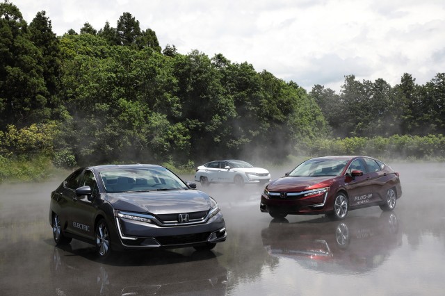 Honda Clarity lineup at Honda R&D Center, Tochigi, Japan, June 2017