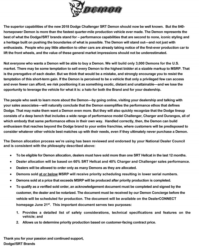 Letter sent to dealers outlining 2018 Dodge Challenger SRT Demon allocation process