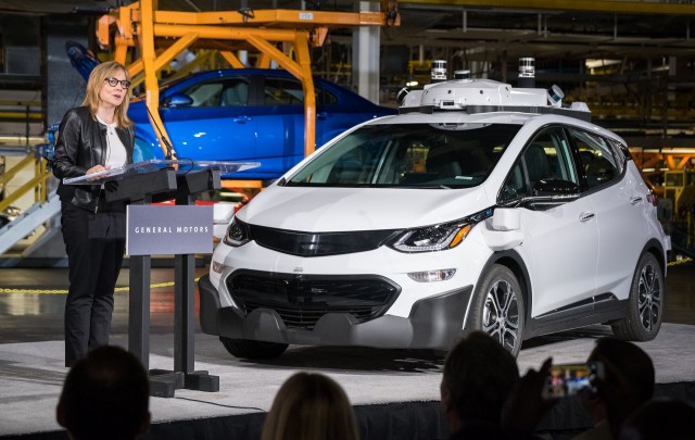 One of 130 second-generaiton self-driving Chevrolet Bolt EV electric cars, with GM CEO Mary Barra