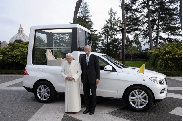 Pope Benedict XVI takes delivery of his new M Class Popemobile at the Vatican, December 2012