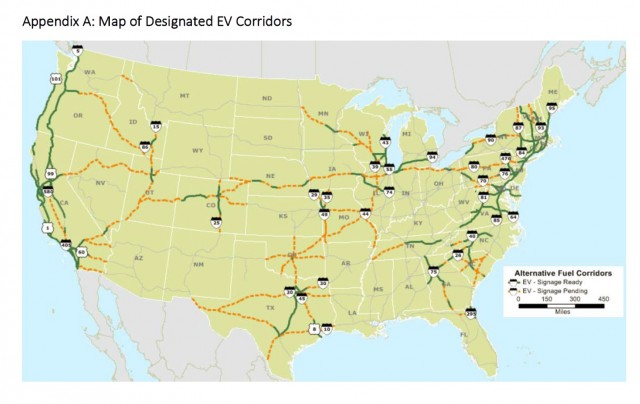 Federal Highway Administration map of designated electric-car charging corridors across U.S., 2016 Federal Highway Administration map of designated electric-car charging corridors across U.S., 2016