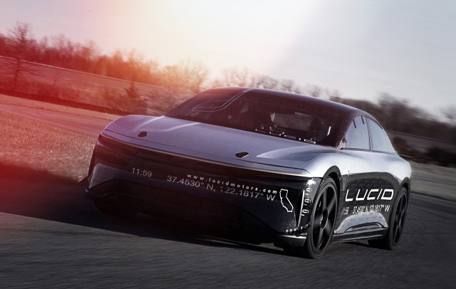 Lucid Air prototype during high-speed test at Transportation Research Center, Ohio