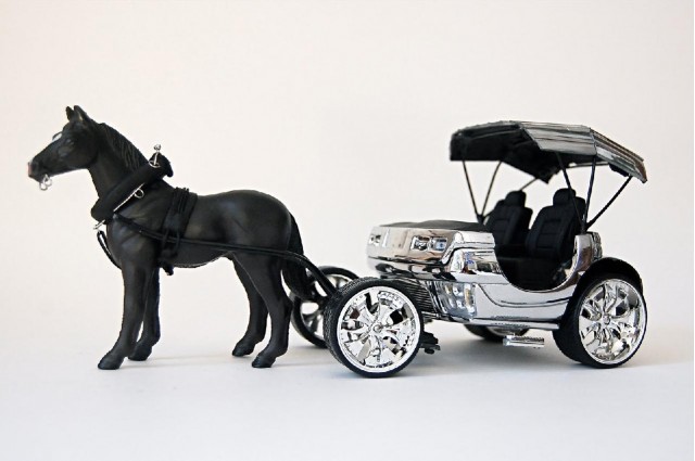 Model of Cadillac Escalade horse carriage by artist Jeremy Dean for his work, "Back to the Futurama"