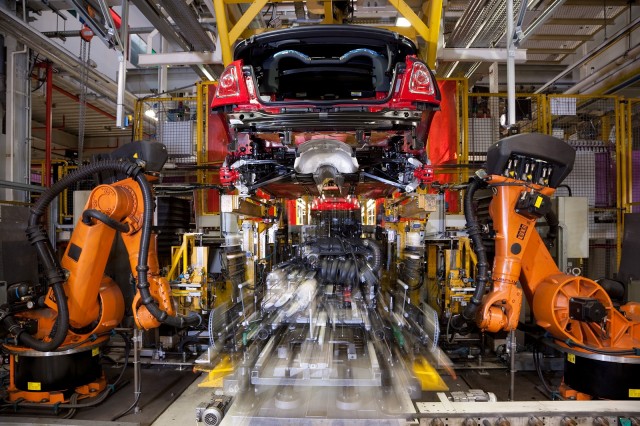 Modern-day MINI assembly at MINI Plant Oxford, England, Mar 2013 (the plant's 100th birthday)