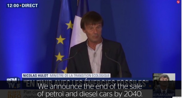 Nicolas Hulot, French minister of ecological transition, announces 2040 ban on vehicles with engines