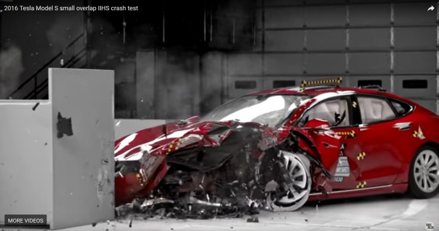 Tesla Model S after IIHS small-overlap frontal crash test, Spring 2017 [frame from IIHS video]