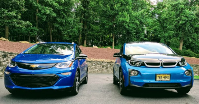 2017 Chevrolet Bolt EV Premier and 2017 BMW i3 electric car, Aug 2017        [photo: Tom Moloughney]