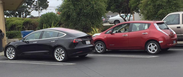 2017 Tesla Model 3 and 2011 Nissan Leaf, Half Moon Bay, California, Aug 2017 [photo: Scott Forrest]