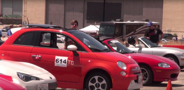 Andrea Kerr driving Fiat 500e electric car in autocross, Great Park, Irvine, Califronia, July 2017